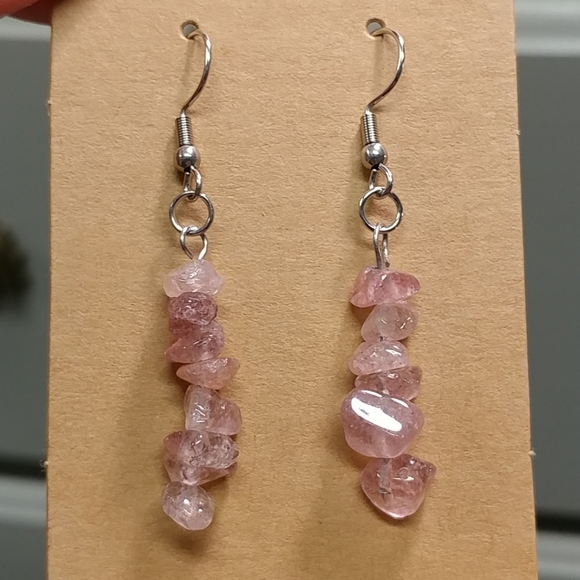 Strawberry Quartz Earrings Natural Gemstone Chip Beaded Surgical Stainless-Steel - Picture 1 of 11